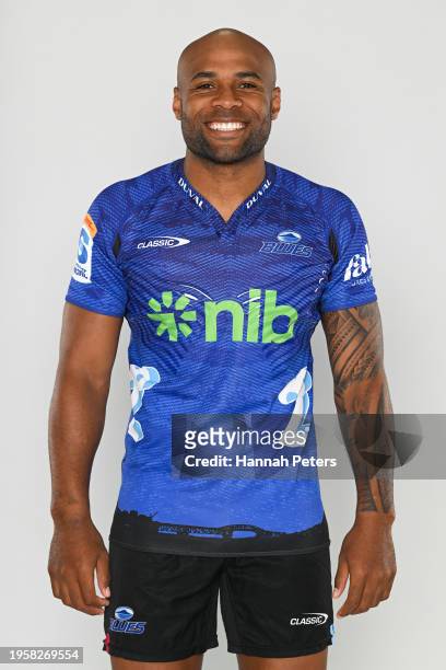 Mark Tele'a poses during the Blues 2024 Super Rugby Headshots Session on January 23, 2024 in Auckland, New Zealand.