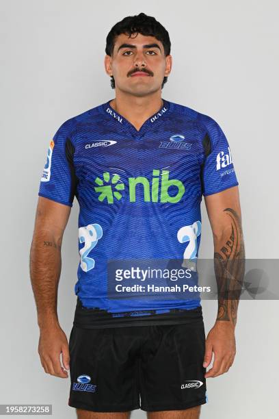 Meihana Grindlay poses during the Blues 2024 Super Rugby Headshots Session on January 23, 2024 in Auckland, New Zealand.
