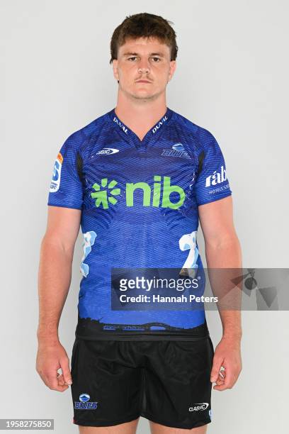 Josh Beehre poses during the Blues 2024 Super Rugby Headshots Session on January 23, 2024 in Auckland, New Zealand.