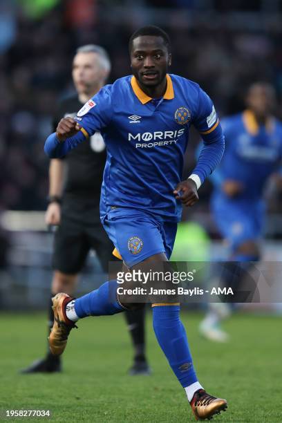 Dan Udoh of Shrewsbury Town celebrates after scoring a goal to make it 0-1 during the Sky Bet League One match between Northampton Town and...