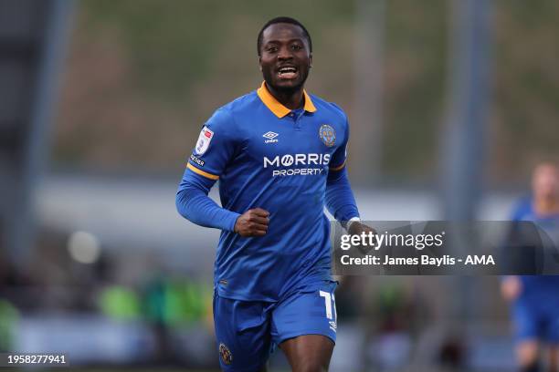 Dan Udoh of Shrewsbury Town celebrates after scoring a goal to make it 0-1 during the Sky Bet League One match between Northampton Town and...