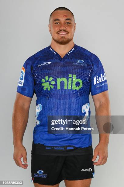 Jordan Lay poses during the Blues 2024 Super Rugby Headshots Session on January 23, 2024 in Auckland, New Zealand.