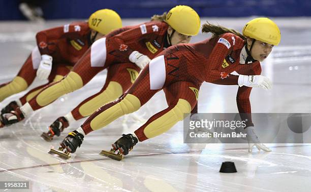 Allana Krause, Tania Vicent and Amelie Goulet-Nadon of Canada take the early lead during the womens 1000 meter finals of the ISU Short Track...