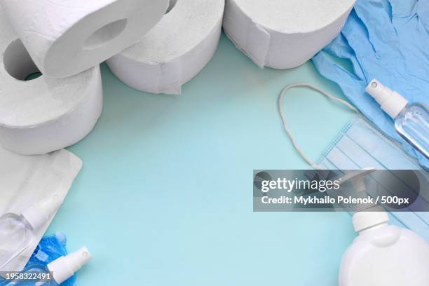 high angle view of medical equipment on table - tp roll stock pictures, royalty-free photos & images