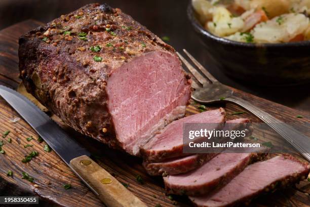 slow cooked corned beef and cabbage brisket - corned beef cabbage stock pictures, royalty-free photos & images