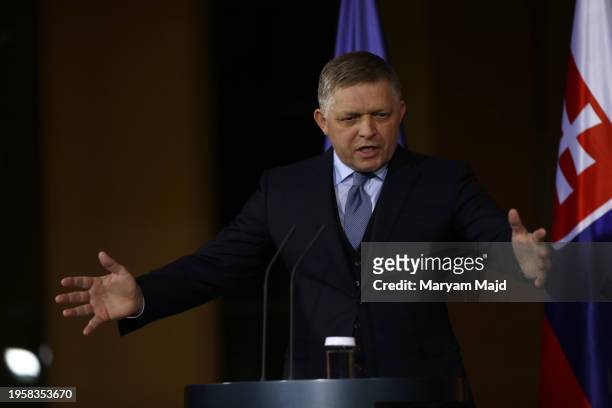 Slovak Prime Minister Robert Fico speaks to the media before talks with German Chancellor Olaf Scholz at the Chancellery on January 24, 2024 in...