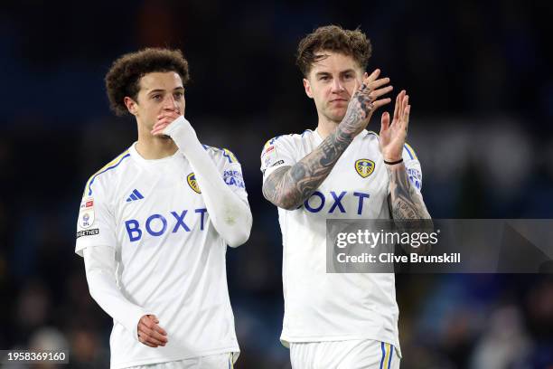 Ethan Ampadu and Joe Rodon of Leeds United acknowledge the fans after the team's victory following the Sky Bet Championship match between Leeds...