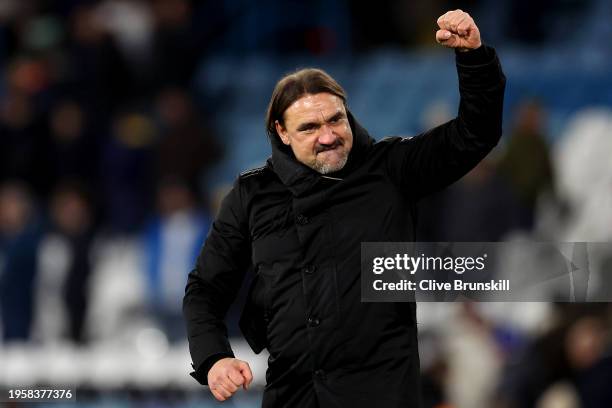 Daniel Farke, Manager of Leeds United, celebrates after the team's victory following the Sky Bet Championship match between Leeds United and Norwich...
