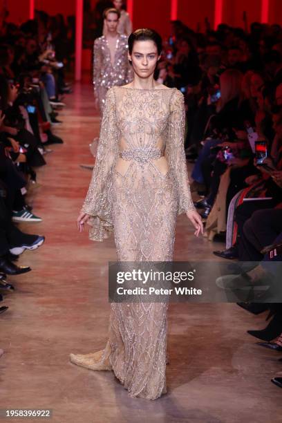 Model walks the runway during the Elie Saab Haute Couture Spring/Summer 2024 show as part of Paris Fashion Week on January 24, 2024 in Paris, France.