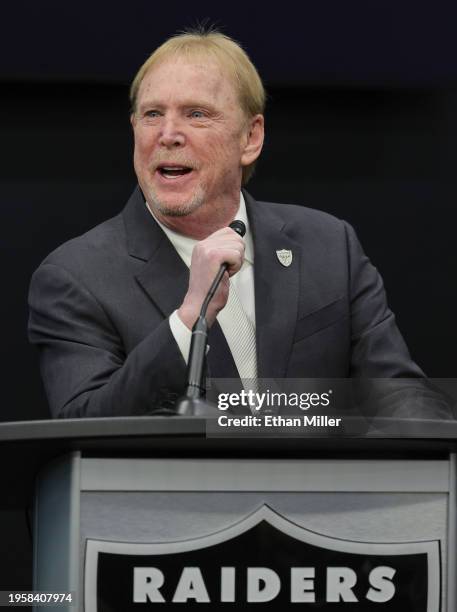 Owner and managing general partner Mark Davis of the Las Vegas Raiders speaks at a news conference introducing Tom Telesco as the general manager and...