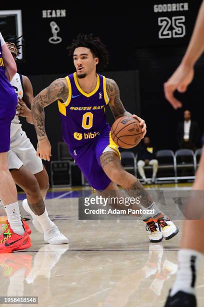 Jalen Hood-Schifino of the South Bay Lakers handles the ball during the game against the Salt Lake City Stars on January 26, 2024 at UCLA Heath...