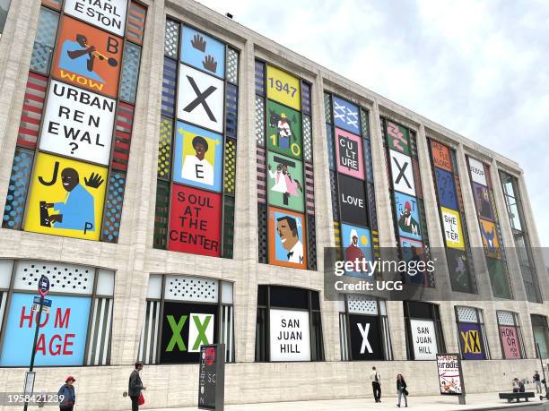 The art by Nina Chanel Abney on the side of David Geffen Hall, formerly Avery Fisher Hall, in New York City features the San Juan Hill neighborhood...