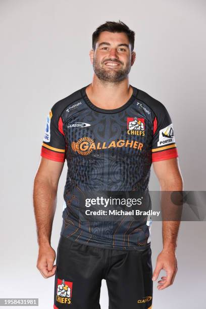 Luke Jacobson poses during a Chiefs 2024 Super Rugby Headshots Session at FMG Stadium on January 24, 2024 in Hamilton, New Zealand.