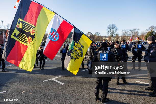 Far-right supporters and neo-Nazis gather for a rally on January 27, 2024 in Gera, Germany. The rally took place as locals demonstrated not far away...
