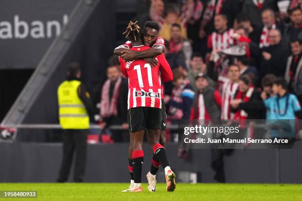 Inaki Williams of Athletic Club celebrates scoring his team's third goal with teammate Nico Williams during the Copa del Rey Quarter Final match...