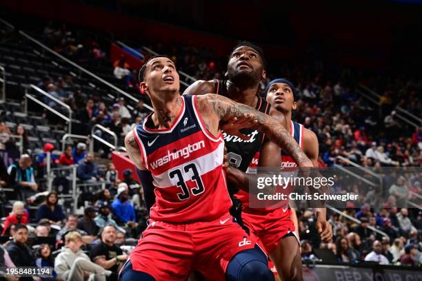 Kyle Kuzma of the Washington Wizards waits for a rebound during the game against the Detroit Pistons on January 27, 2024 at Little Caesars Arena in...