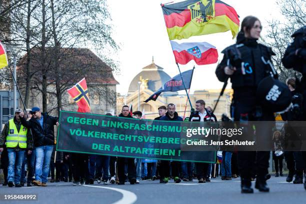 Far-right supporters and neo-Nazis gather for a rally on January 27, 2024 in Gera, Germany. The rally took place as locals demonstrated not far away...