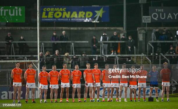 Northern Ireland , United Kingdom - 27 January 2024; Armagh players stand for Amhrán na bhFiann before the Allianz Football League Division 2 match...