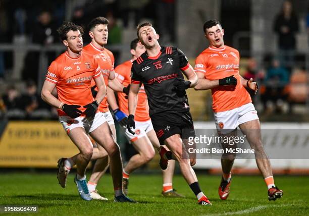 Northern Ireland , United Kingdom - 27 January 2024; Ryan Burns of Louth reacts after a missed opportunity on goal during the Allianz Football League...