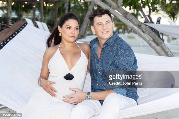 Giannina Gibelli and Blake Horstmann escape the cold to bask in the warm Caribbean sun as they celebrate their Babymoon at the new Sandals Dunn’s...