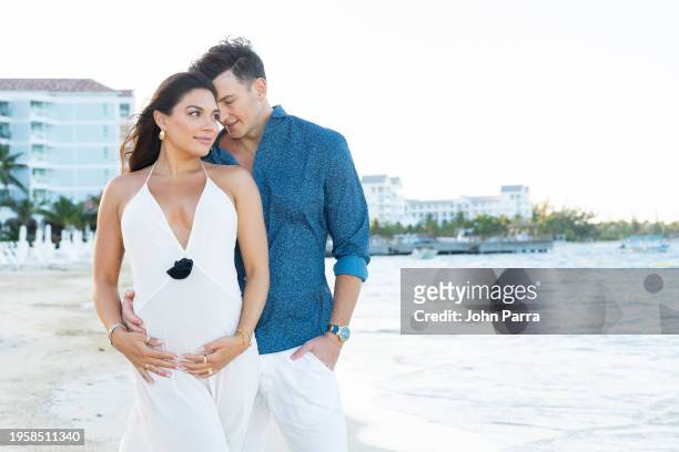 Giannina Gibelli and Blake Horstmann escape the cold to bask in the warm Caribbean sun as they celebrate their Babymoon at the new Sandals Dunn’s...