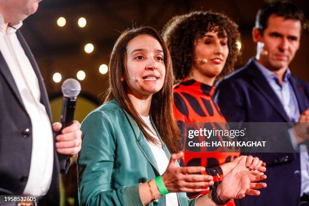 Ecolo co-chairwoman Rajae Maouane, Groen co-chairwoman Nadia Naji and Ecolo co-chairman Jean-Marc Nollet pictured during the traditional new year's...