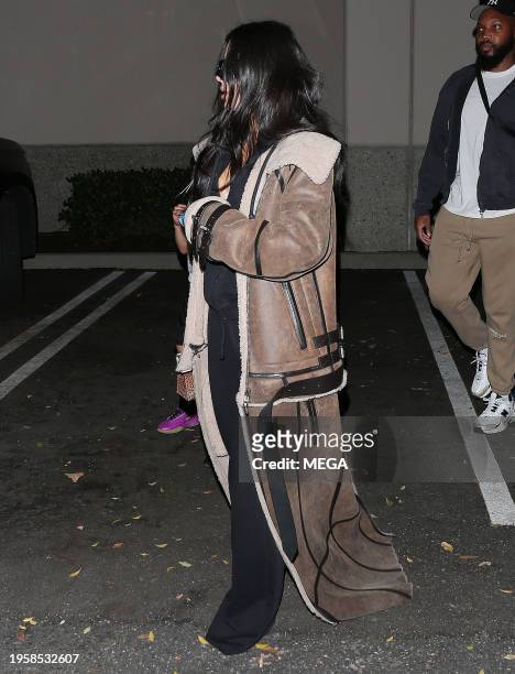 Kim Kardashian is seen leaving her children's basketball practice on January 26, 2024 in Los Angeles, California.