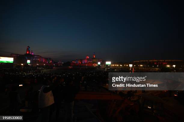 View of illuminated North and south Block and Rashtrapati Bhavan after the rehearsal for the Beating Retreat Ceremony, marking the culmination of the...