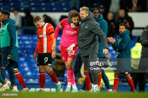 Tim Krul of Luton Town F.C. Is celebrating the win during the FA Cup Fourth Round match between Everton and Luton Town at Goodison Park in Liverpool,...
