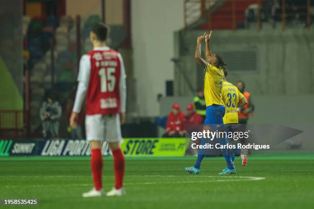 Cassiano of GD Estoril Praia celebrates scoring GD Estoril Praia goal during the SC Braga v GD Estoril for the Allianz Cup Final at Dr. Magalhaes...