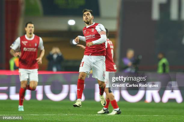 Ricardo Horta of SC Braga celebrates scoring his team's first goal during the Allianz Cup Final between SC Braga and GD Estoril at Dr. Magalhaes...