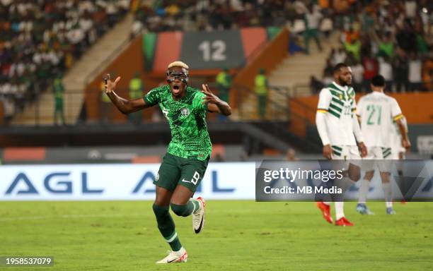 Victor Osimhen of Nigeria celebrates after scoring his goal but the goal was disallowed after the VAR check ,during the Total Energies CAF Africa Cup...