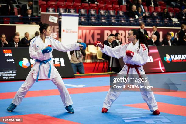 Li Gong from China, and Aurora Graziosi from Italy compete during Kumite 61kg category. The Paris Open Karaté 2024, organized by World Karaté...