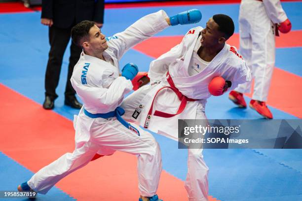 Sultan Alqahtani from Saudi Arabia and Danilo Greco from Italy compete during the Male Kumite 60kg category. The Paris Open Karaté 2024, organized by...