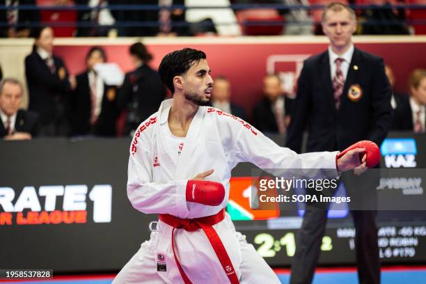 Rayyan Meziane from France competes during the Male Kumite 60kg category. The Paris Open Karaté 2024, organized by World Karaté Federation and French...