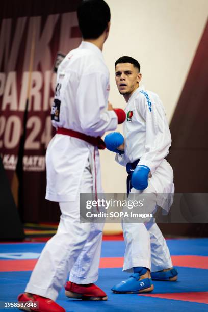 Tiago Duarte , from Portugal, and Jaeyoon Pi from South Korea compete during the Male Kumite 75kg category. The Paris Open Karaté 2024, organized by...