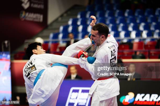 Leilei Shi from China, and Aminagha Guliyev from Azerbaijan, compete during the Male Kumite 60kg category. The Paris Open Karaté 2024, organized by...