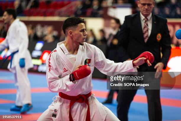 Tiago Duarte, from Portugal competes during the Male Kumite 75kg category. The Paris Open Karaté 2024, organized by World Karaté Federation and...