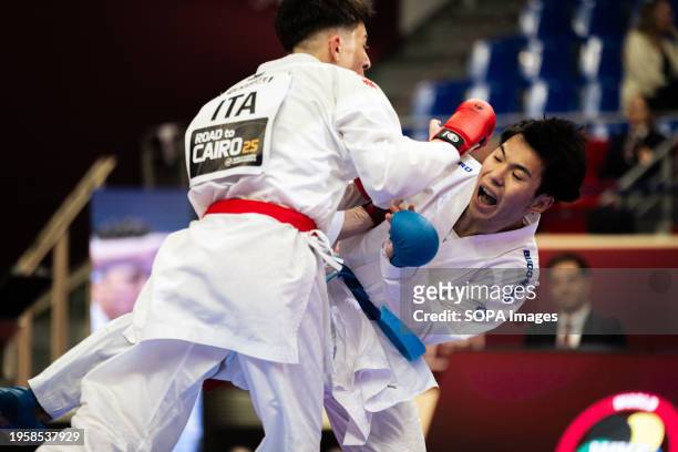 Christian Sabatino from Italy, and Leilei Shi from China compete during the Male Kumite 60kg category. The Paris Open Karaté 2024, organized by World...
