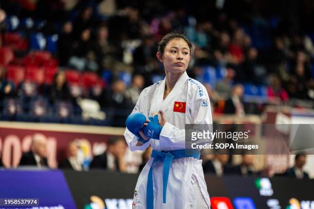 Li Gong from China seen in action during the Female Kumite 61kg category. The Paris Open Karaté 2024, organized by World Karaté Federation and French...