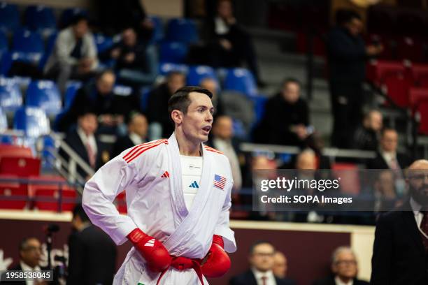 Thomas Scott, from United States of America compete during the Male Kumite 75kg category. The Paris Open Karaté 2024, organized by World Karaté...