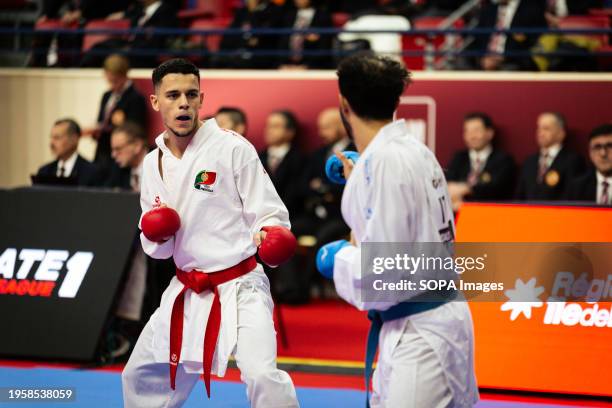 Tiago Duarte , from Portugal, and Ahmed Ezzat Mohy el Sharaby from Italy compete during the Male Kumite 75kg category. The Paris Open Karaté 2024,...