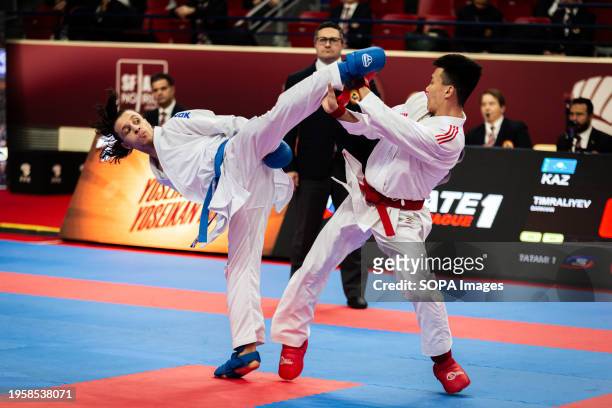 Sami Tas from France and Darkhan Timraliyev from Kazakhstan compete during the Male Kumite 60kg category. The Paris Open Karaté 2024, organized by...