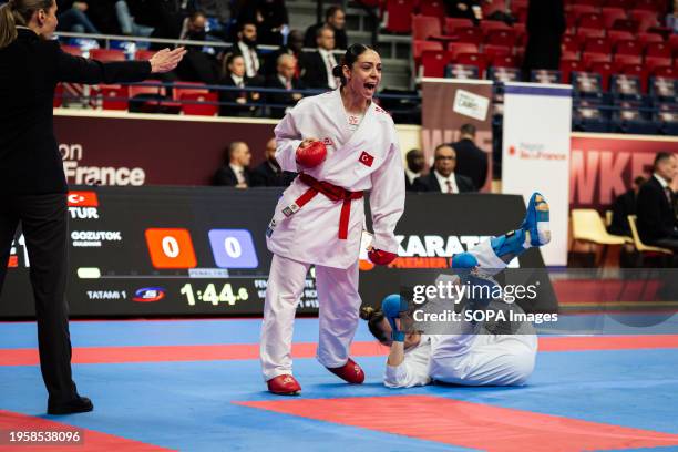 Gulbahar Gozutok from Turkey and Lea Avazeri from France compete during the Kumite 61kg category. The Paris Open Karaté 2024, organized by World...