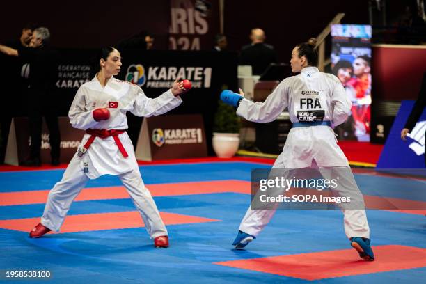 Gulbahar Gozutok from Turkey and Lea Avazeri from France compete during the Kumite 61kg category. The Paris Open Karaté 2024, organized by World...