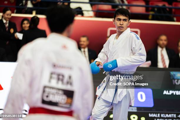 Kaisar Alpysbay from Kazakhstan competes during the Male Kumite 60kg category. The Paris Open Karaté 2024, organized by World Karaté Federation and...