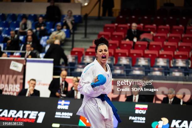 Jacquelin Factos , from Ecuador competes during the Kumite 61kg category. The Paris Open Karaté 2024, organized by World Karaté Federation and French...