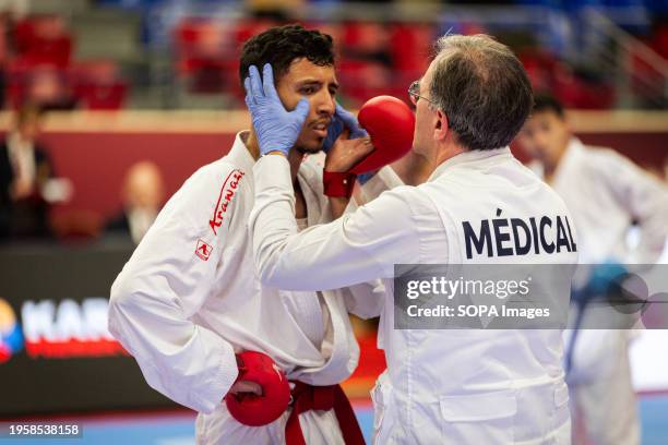 Abdel Ali Jina from Morocco, seen having medical assistance during the Male Kumite 60kg category. The Paris Open Karaté 2024, organized by World...