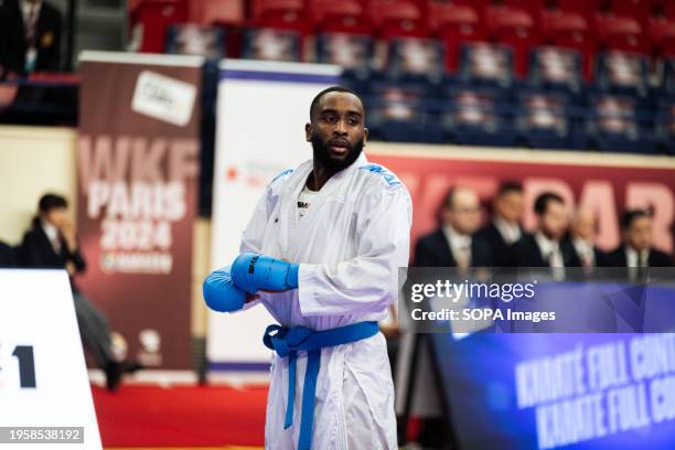 Kilian Cizo, French athlete competes during the Male Kumite 75kg category. The Paris Open Karaté 2024, organized by World Karaté Federation and...