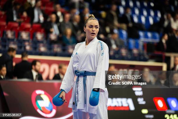Lea Avazeri from France competes during the Kumite 61kg category. The Paris Open Karaté 2024, organized by World Karaté Federation and French Karaté...